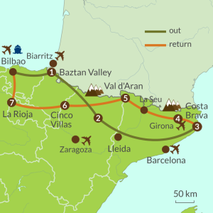 Map of Cross Pyrenees trip to Costa Brava